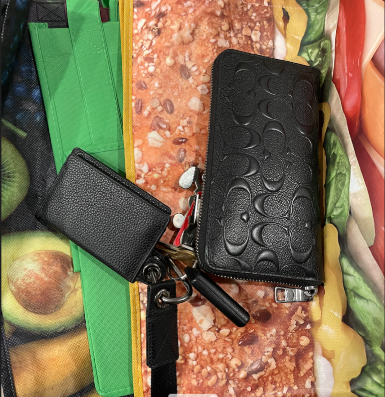 reusable grocery bag with keys and wallet