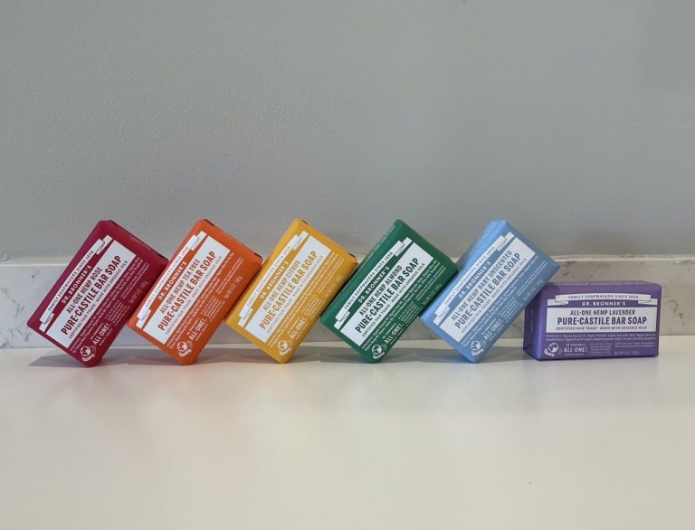 dr bronner's body soap bars lined up on counter top