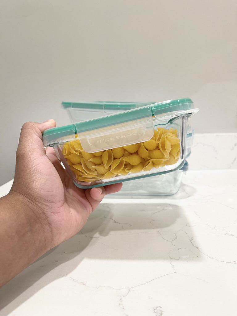 snapware glass food storage container holding pasta shells