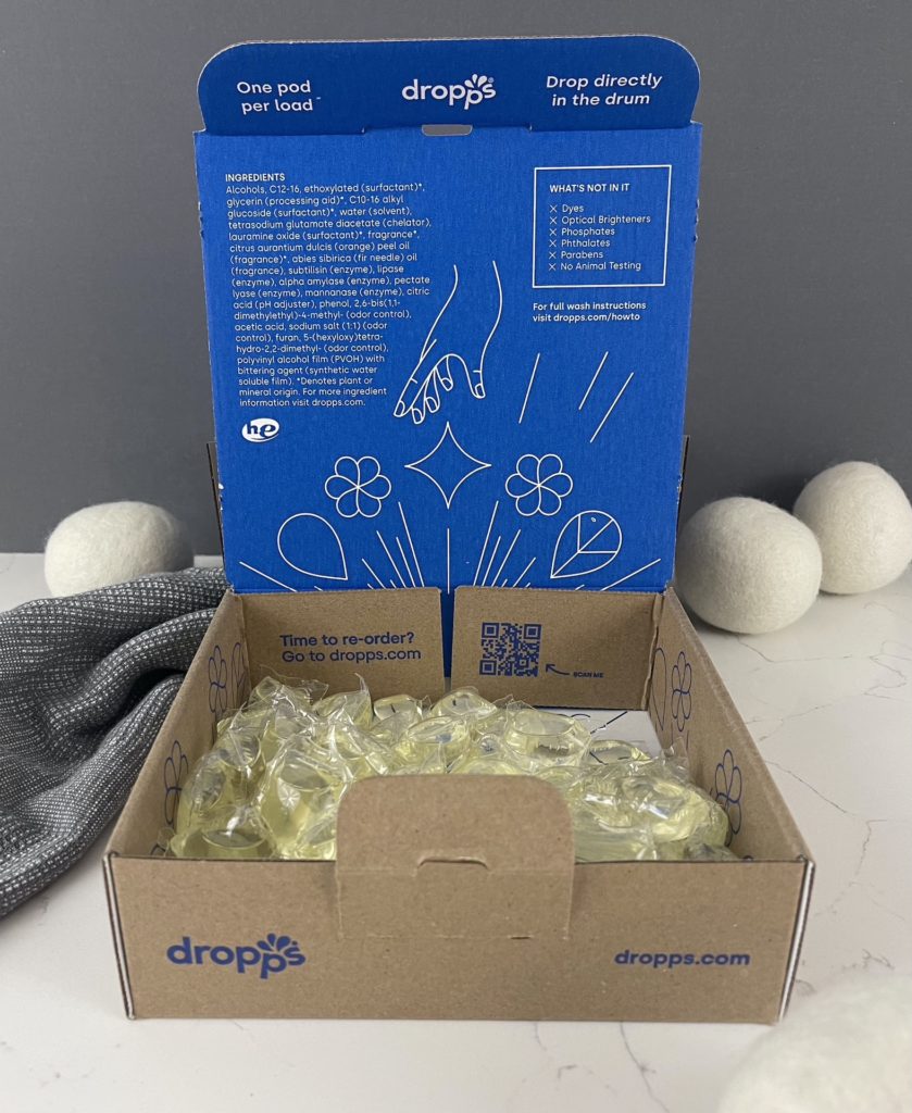 dropps laundry pods in box with flap open